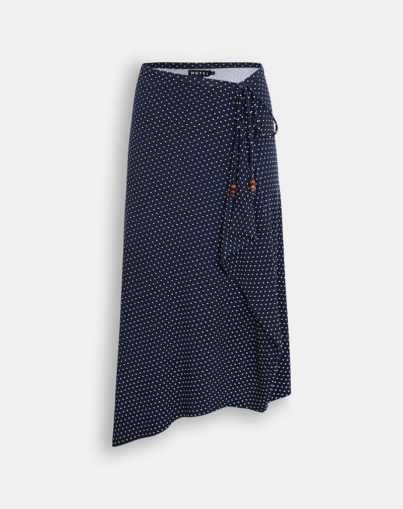 Image of Phemia Maxi Skirt with Beads in Jersey Navy with Micro Polka Print