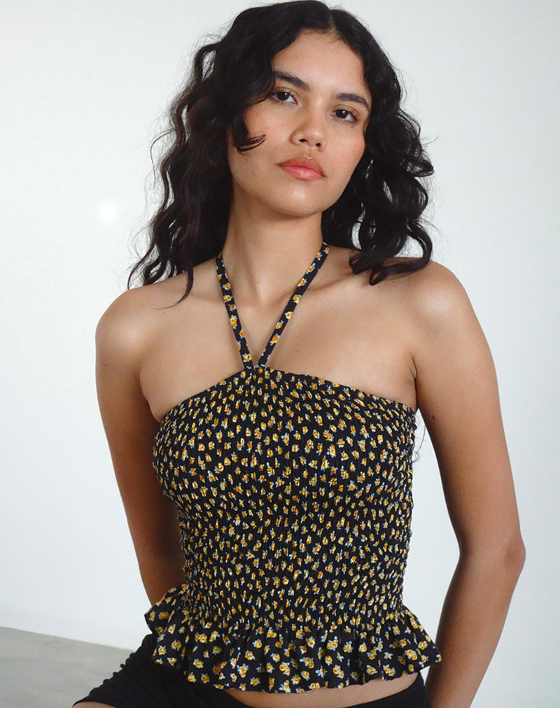 Image of Phobe Shirred Halterneck Top in Ditsy Floral Bronze