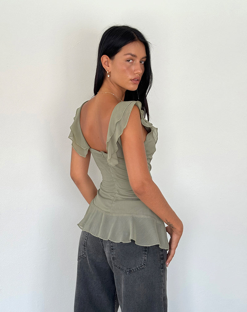 Image of Piro Ruffle Longline Top in Chiffon Olive