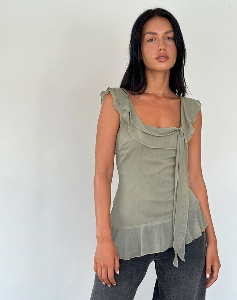 Image of Piro Ruffle Longline Top in Chiffon Olive