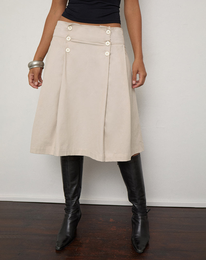 Image of Image of Babete Pleat Midi Skirt in Cotton Light Twill Stone