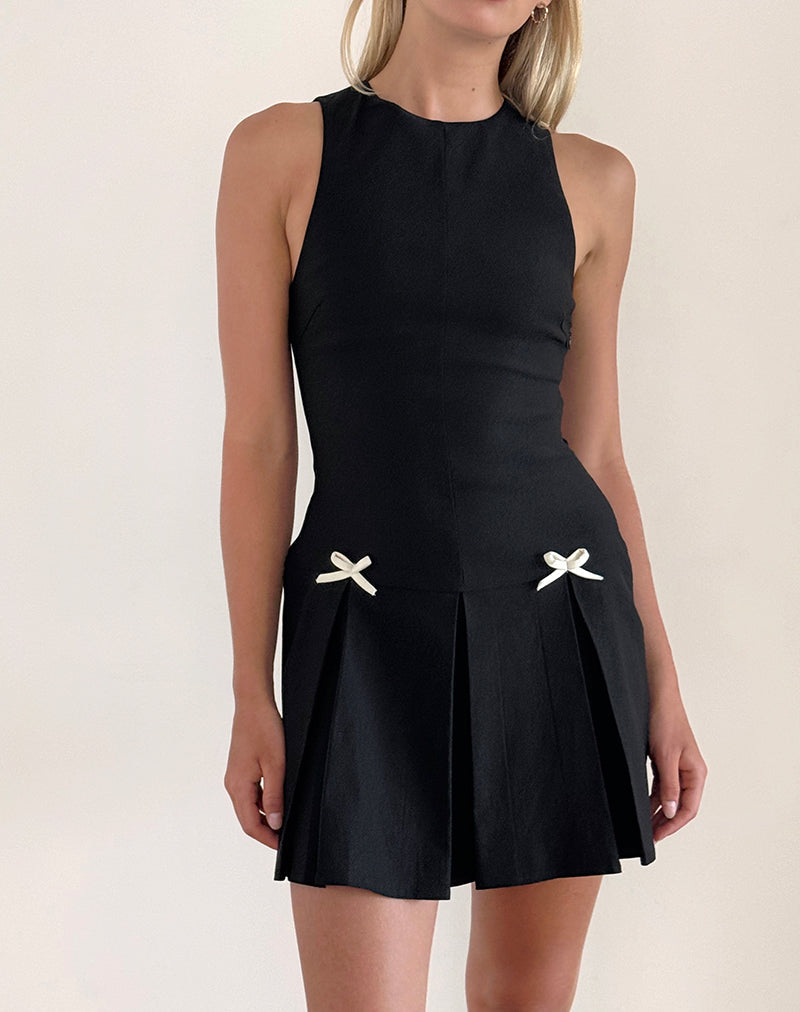 Radeta Mini Dress in Black with Ivory Bows