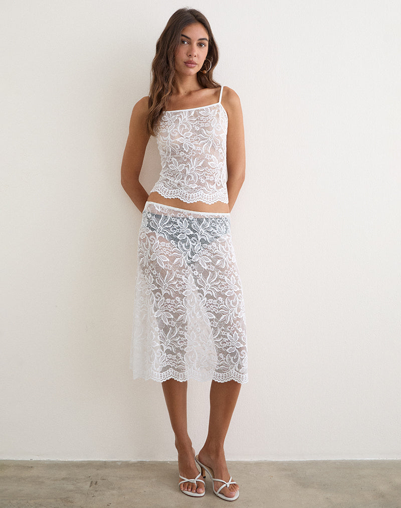 Image of Zefa Midi Skirt in Unlined Lace White