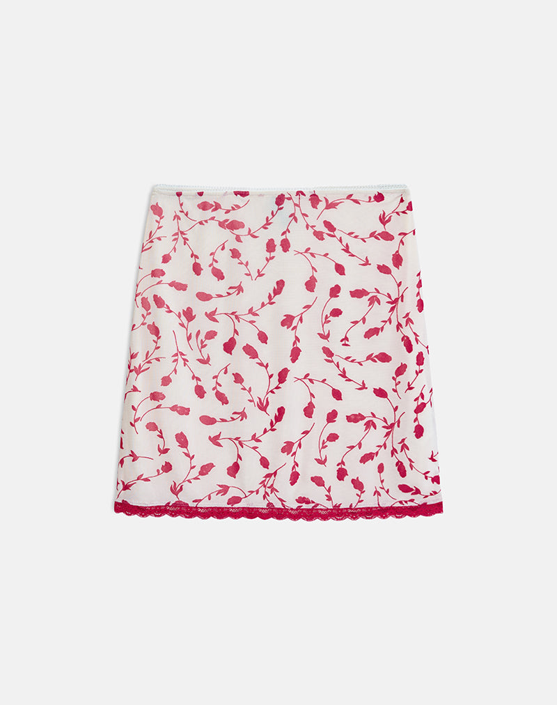 Image of Radu Midi Skirt in Cream with Red Leafy Lily Flock