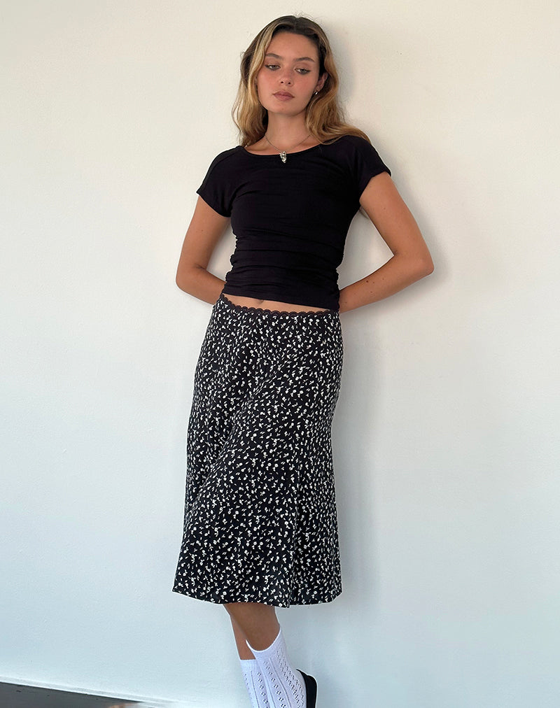 Image of Rahyu Midi Skirt in Black Ditsy Romance