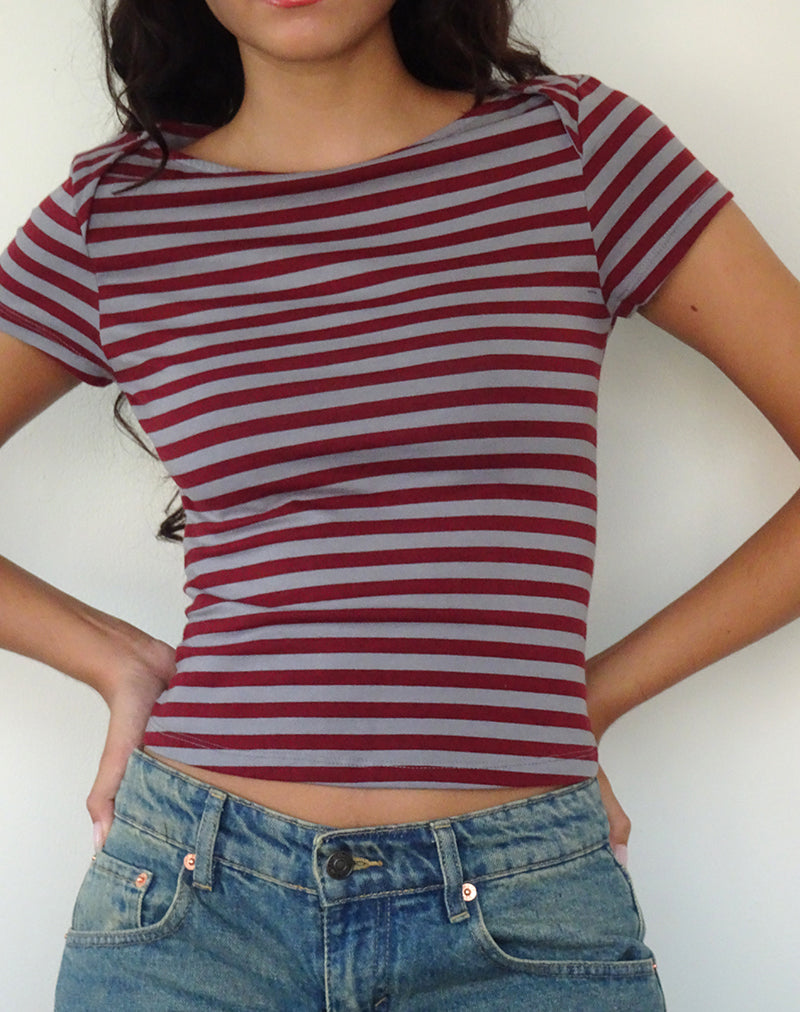 Ralina Short Sleeve Top in Mulberry Grey Stripes