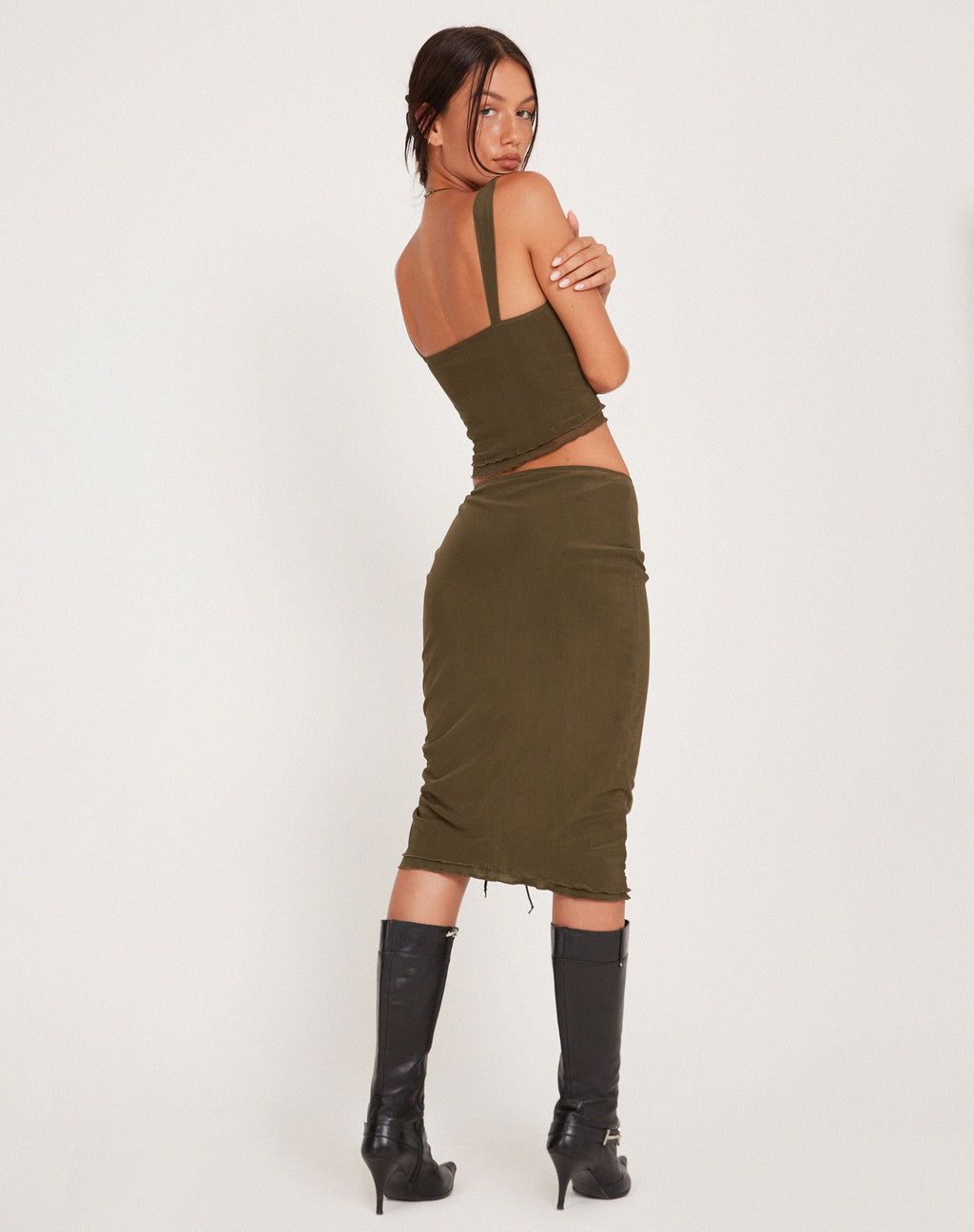 Tya Midi Skirt in Mesh Dark Olive