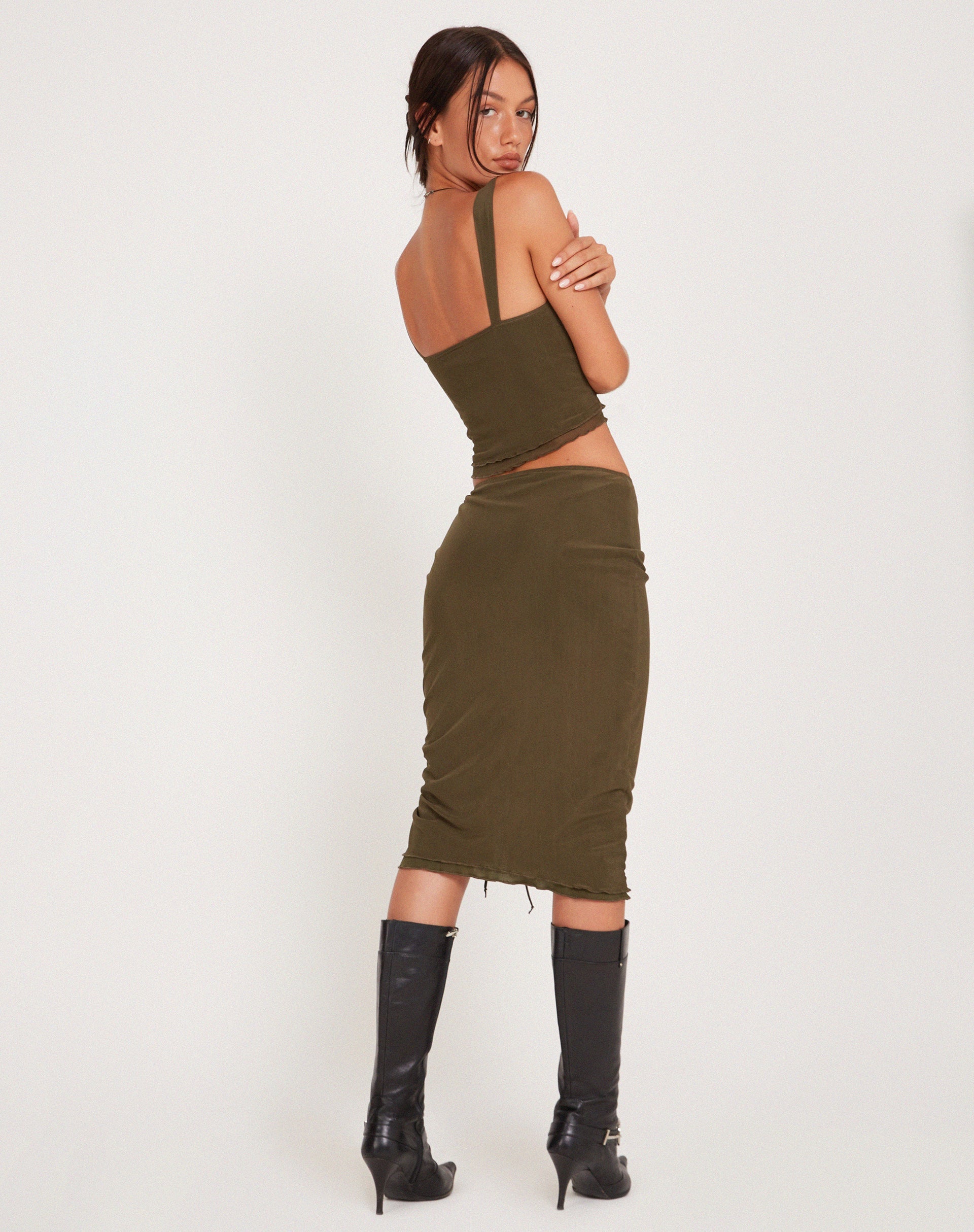 Image of Tya Midi Skirt in Mesh Dark Olive
