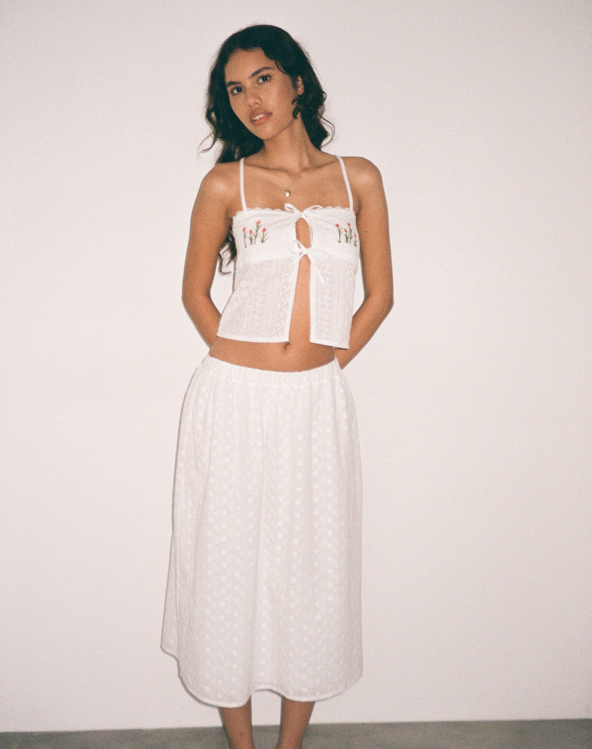 Image of Rusma Midi Skirt in White Broderie