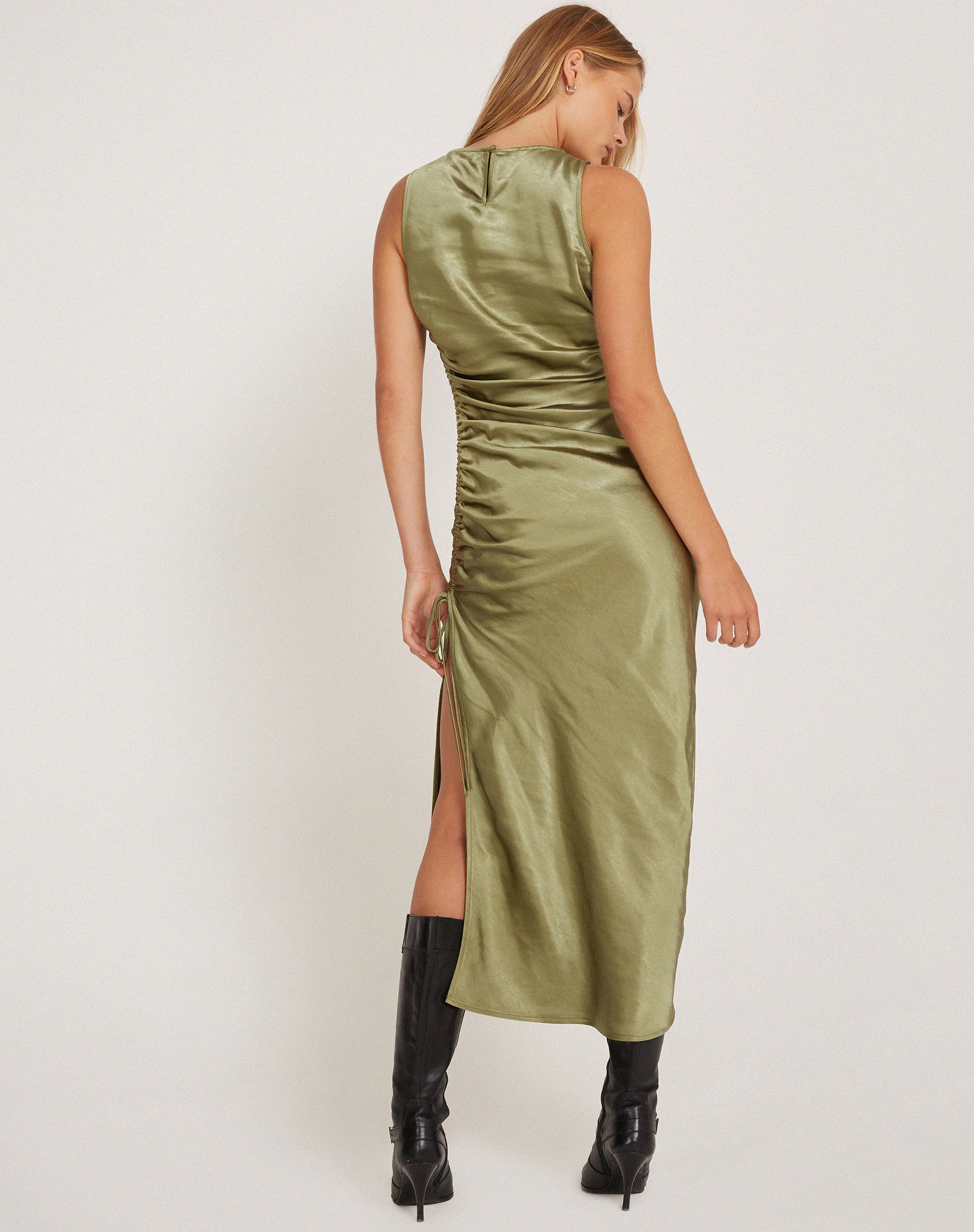 image of Raybu Ruched Midi Dress in Satin Olive