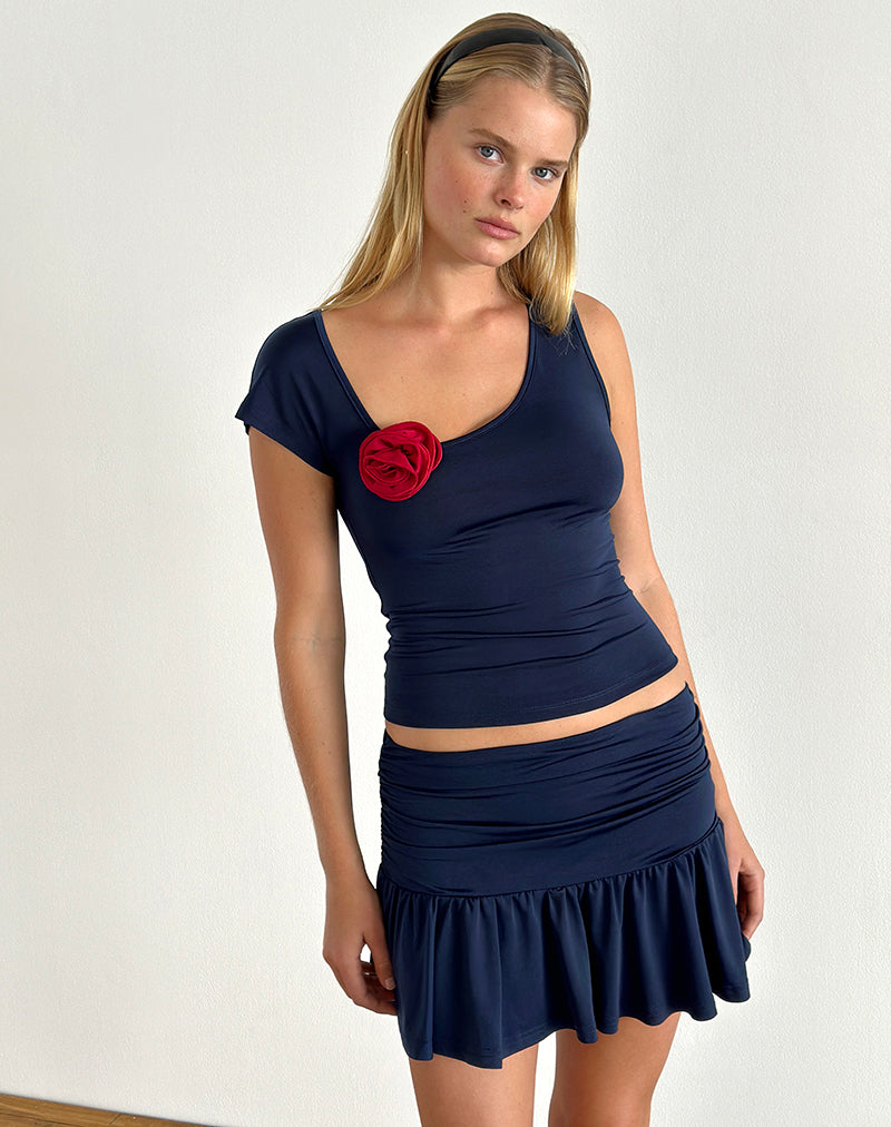 image of Rayla Top in Lycra Dark Navy with Red Rosette