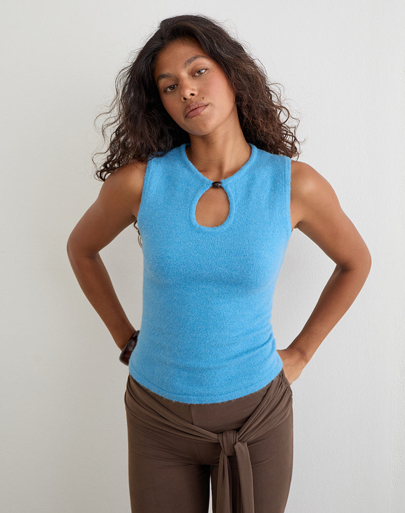 Image of Reita Keyhole Top with Bead in Knit Blue