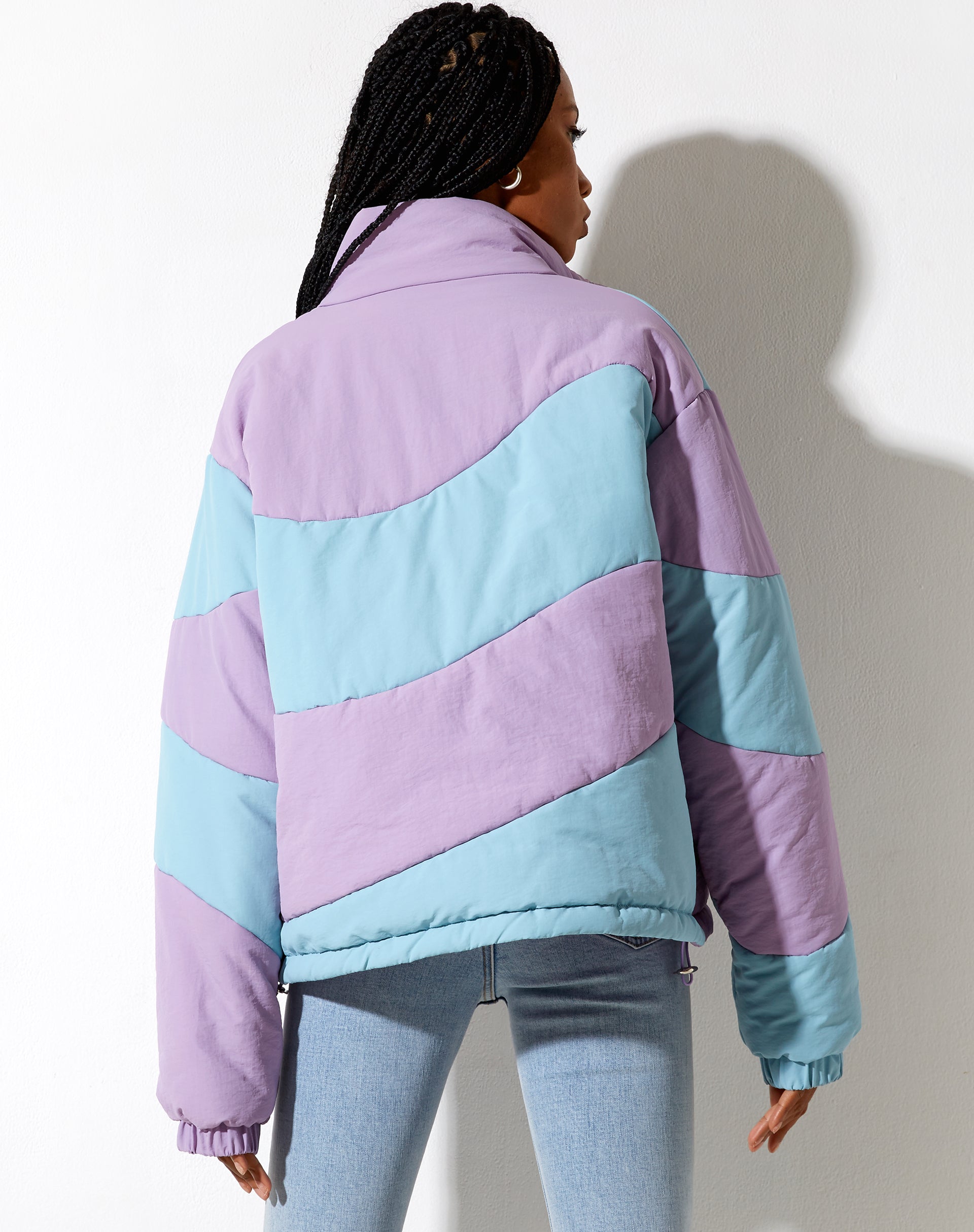 Image of Renee Puffa Jacket in Panelled Purple and Blue