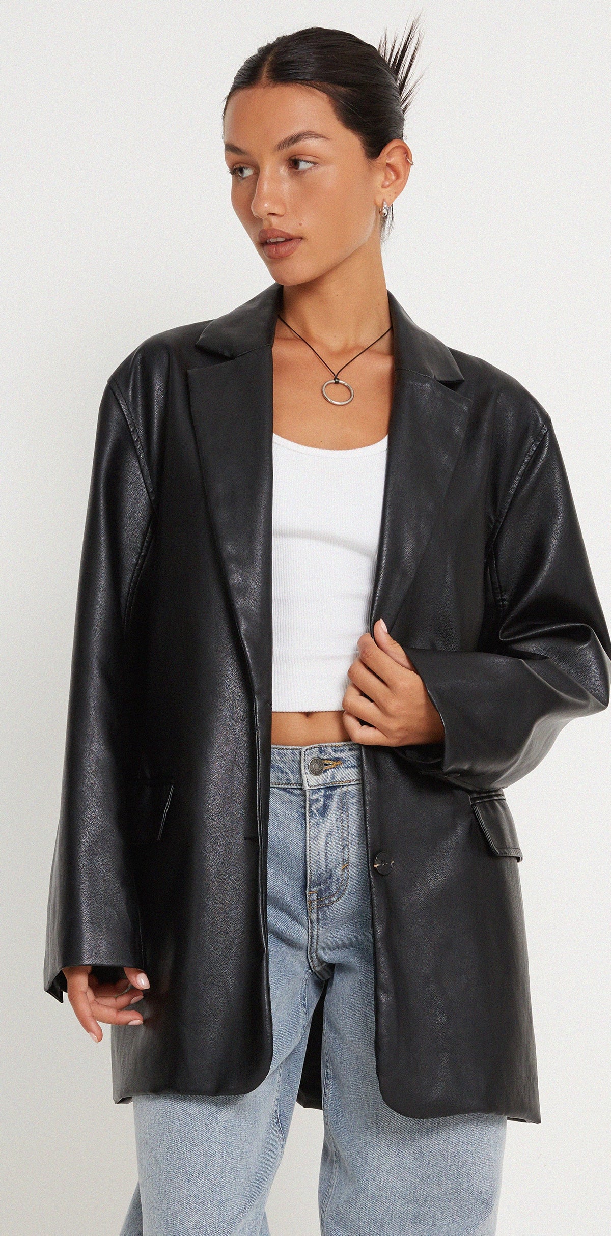 Oversized Black PU Leather Blazer | Saken – motelrocks-com-aus
