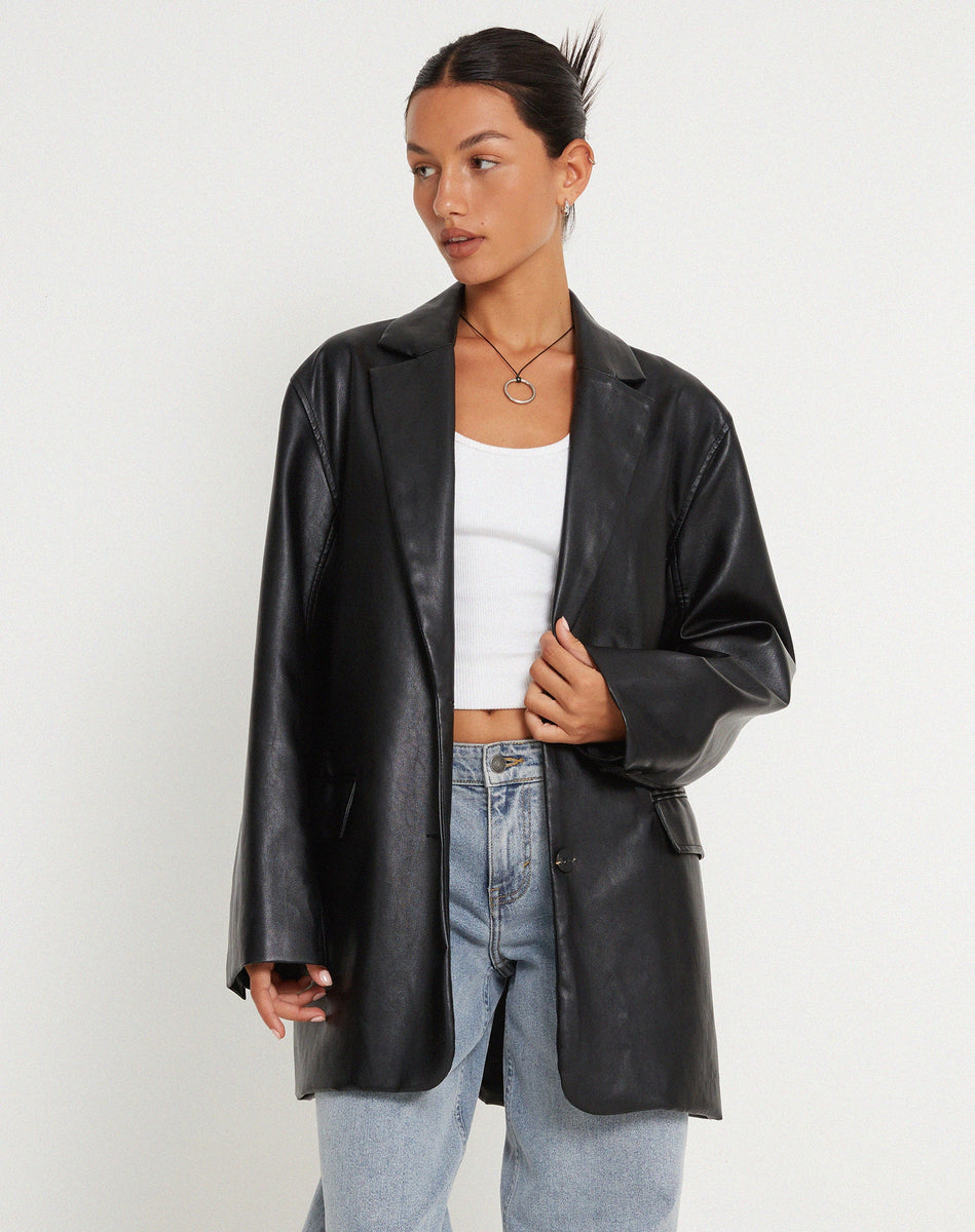 Oversized Black PU Leather Blazer | Saken – motelrocks-com-aus