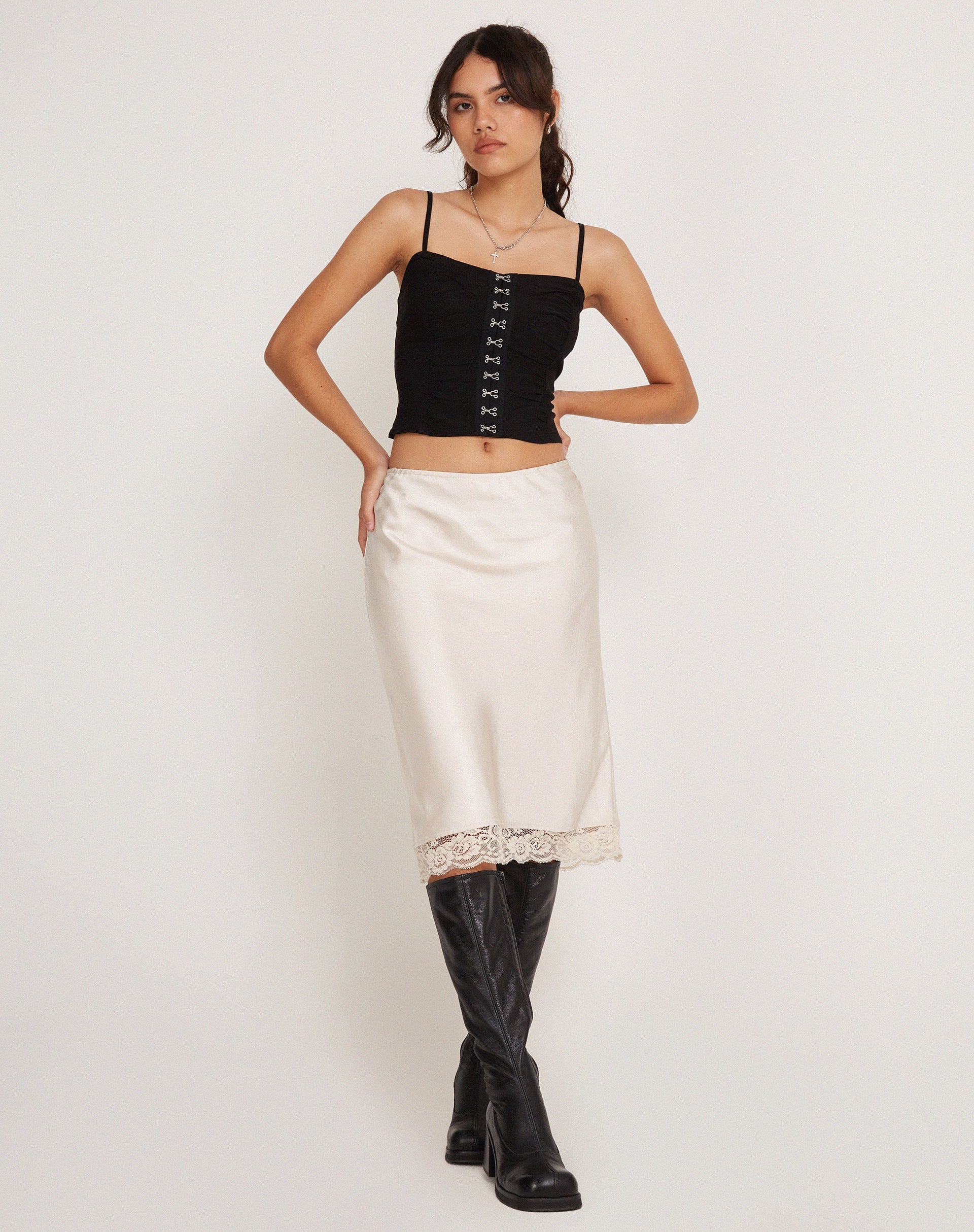 Image of Resira Midi Skirt in Satin Pearled Ivory with Lace