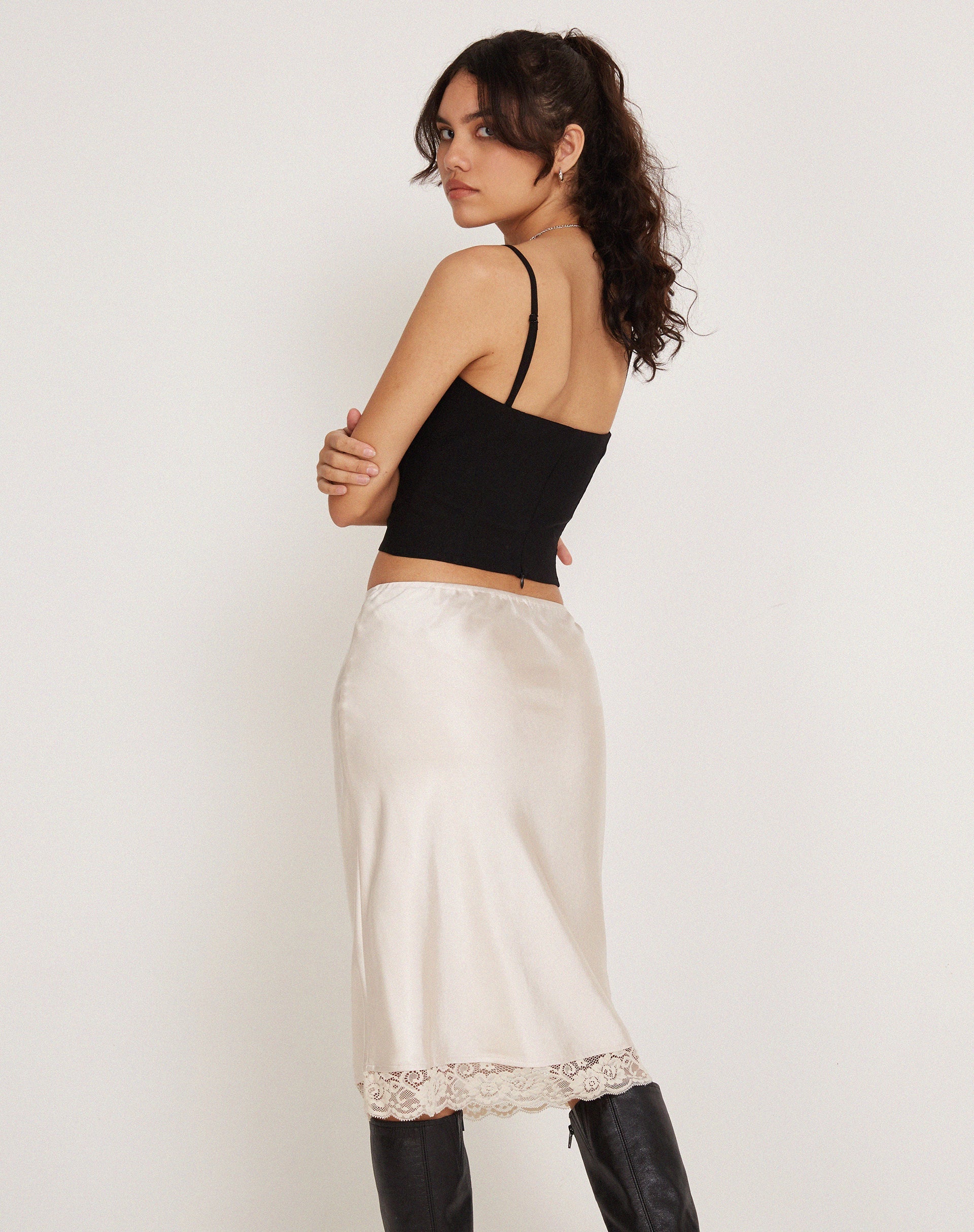 Image of Resira Midi Skirt in Satin Pearled Ivory with Lace