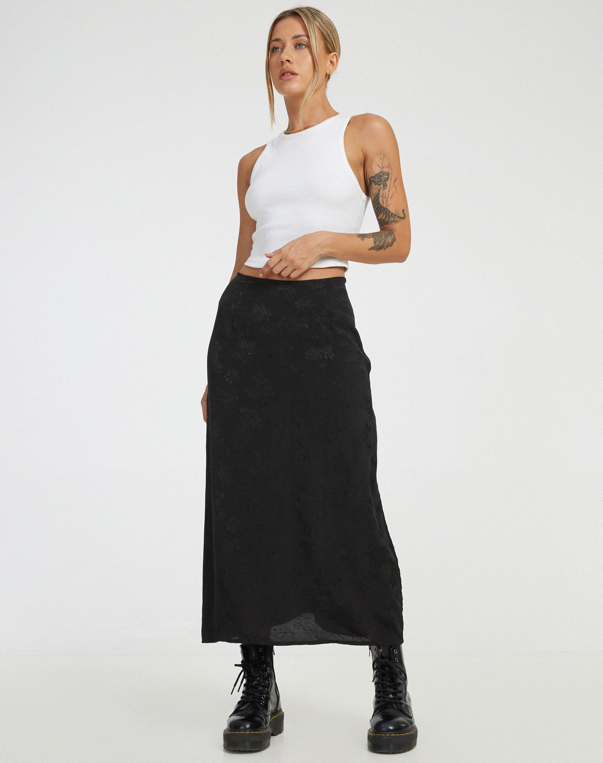 image of Rindu Midi Skirt in Satin Rose Black