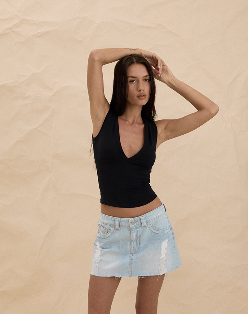 Ripped Raw Hem Denim Mini Skirt in Sky Blue