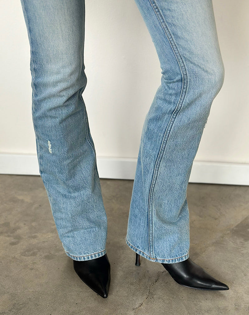 Image of Ripped Ultra Low Rise Flare Jeans in Cloud Blue