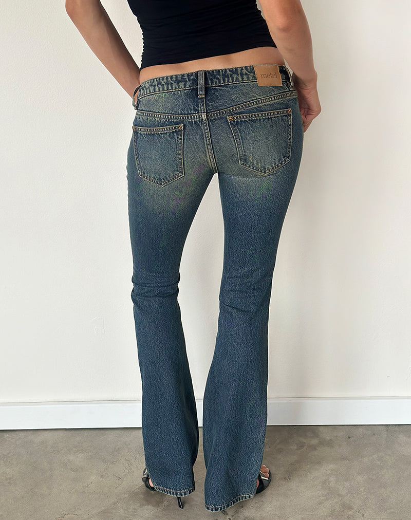 Image of Ripped Ultra Low Rise Flare Jeans in Dirty Green