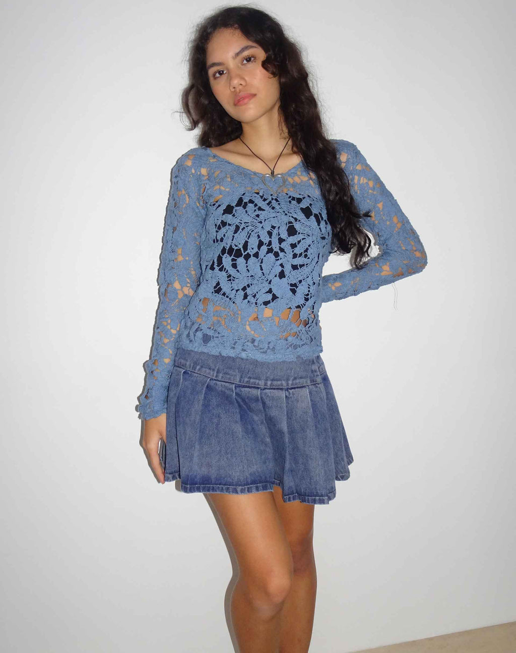 Ripu Floral Crochet Long Sleeve Top in Midnight Blue
