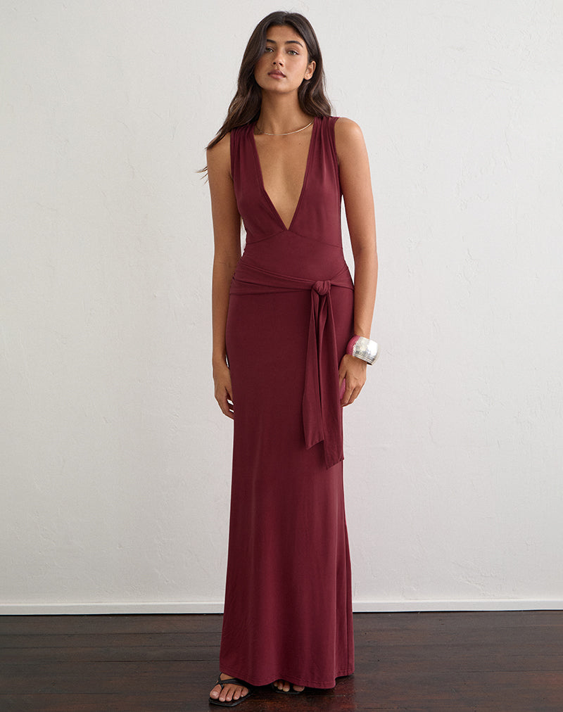 Image of Rohasy Plunge Maxi Dress in Cupro Burgundy