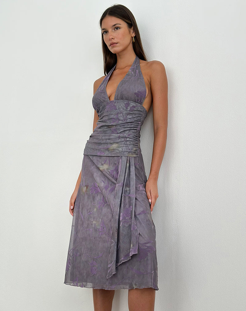 Rokoyo Halterneck Midi Dress in Flare Flower Purple