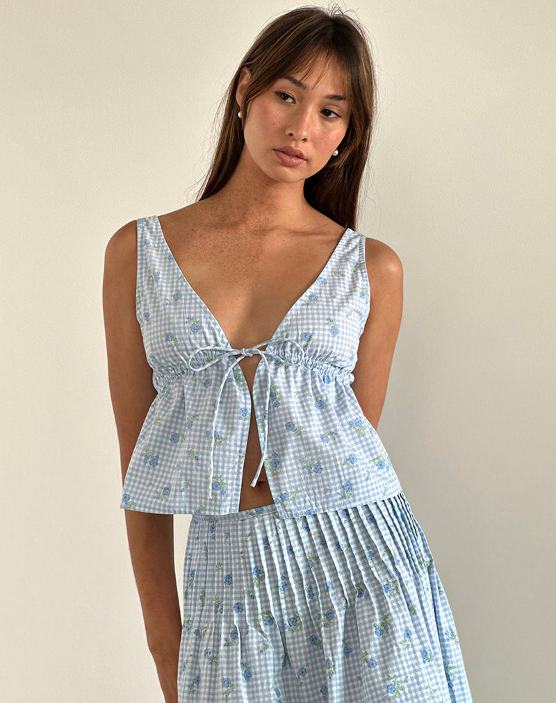 Rolia Cami Top in Blue Flower Gingham