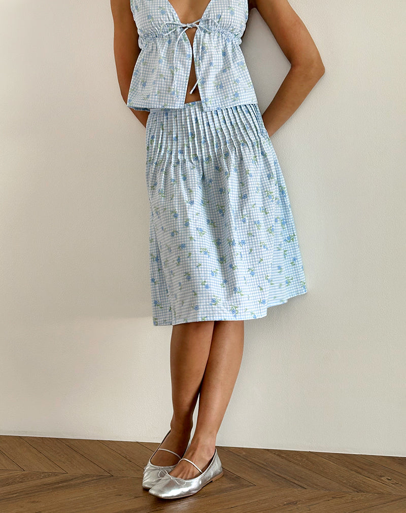 image of Asada Midi Skirt in Blue Flower Gingham