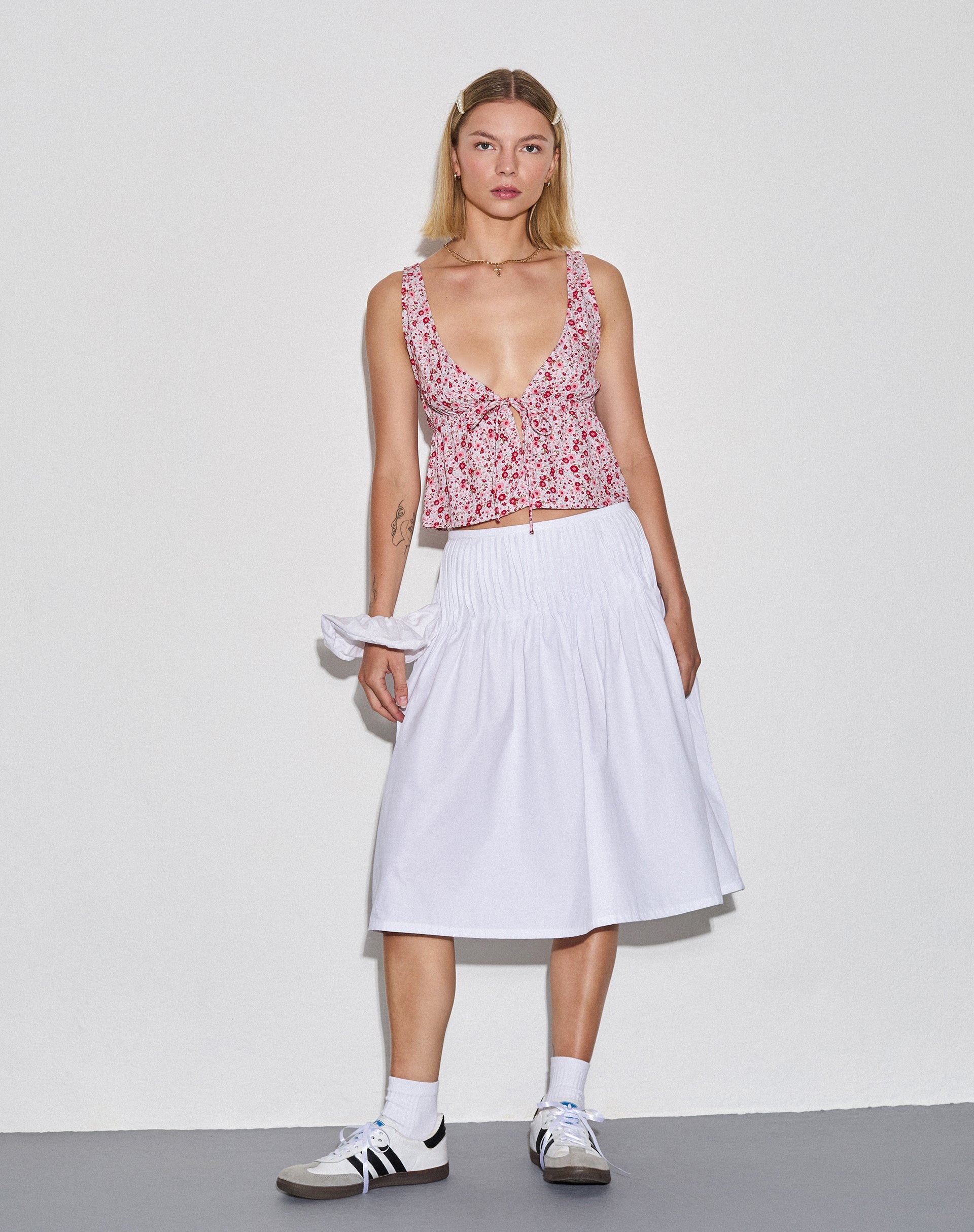 Image of Rolia Tie Front Top in Ditsy Floral Blush Red