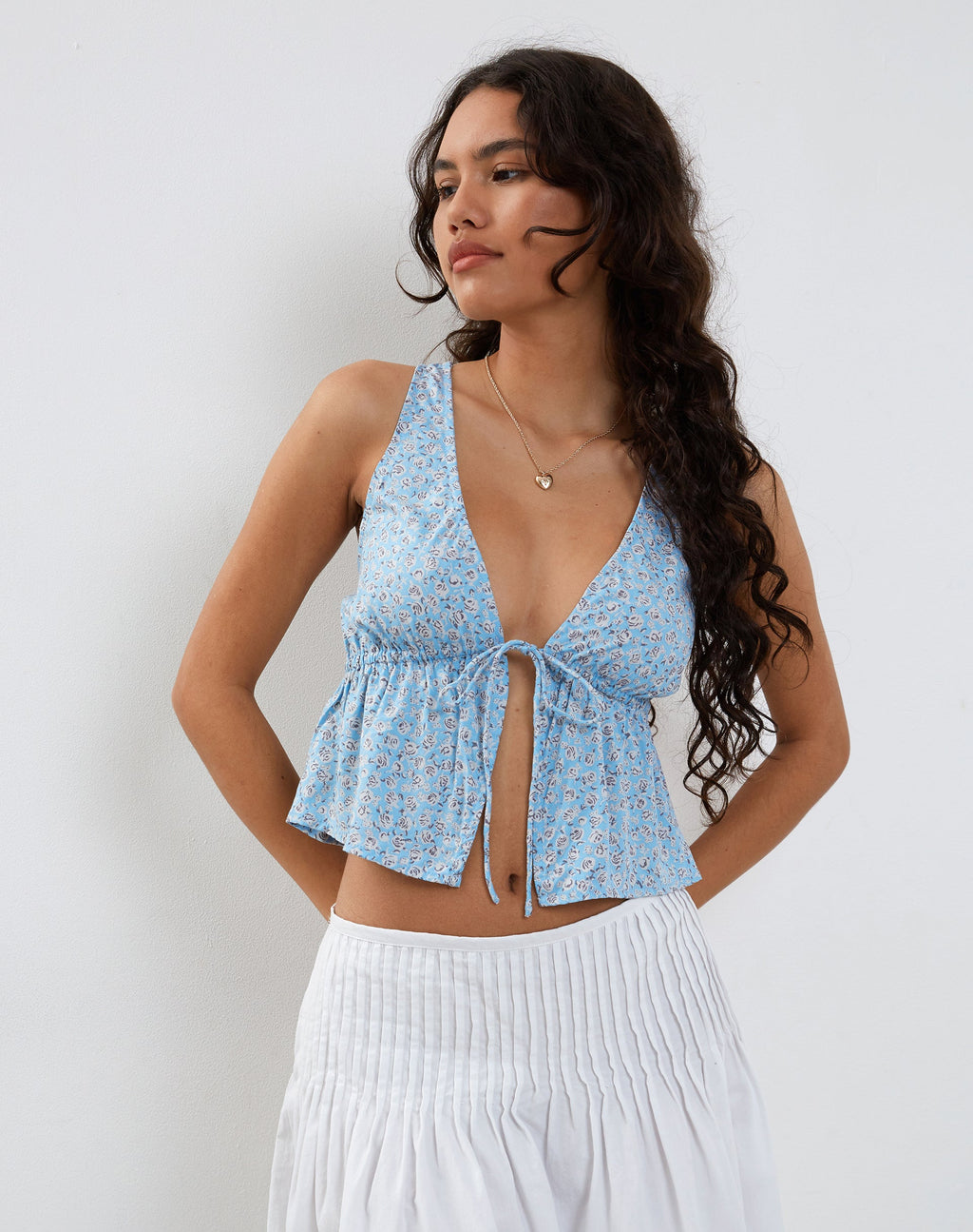 Rolia Tie Front Top in Ditsy Rose Blue