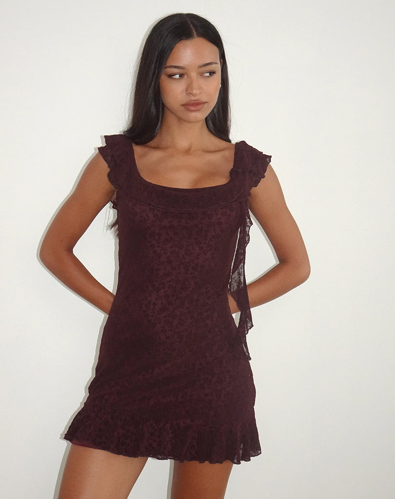 Image of Rolita Mini Dress in Ditsy Flock Burnt Maroon