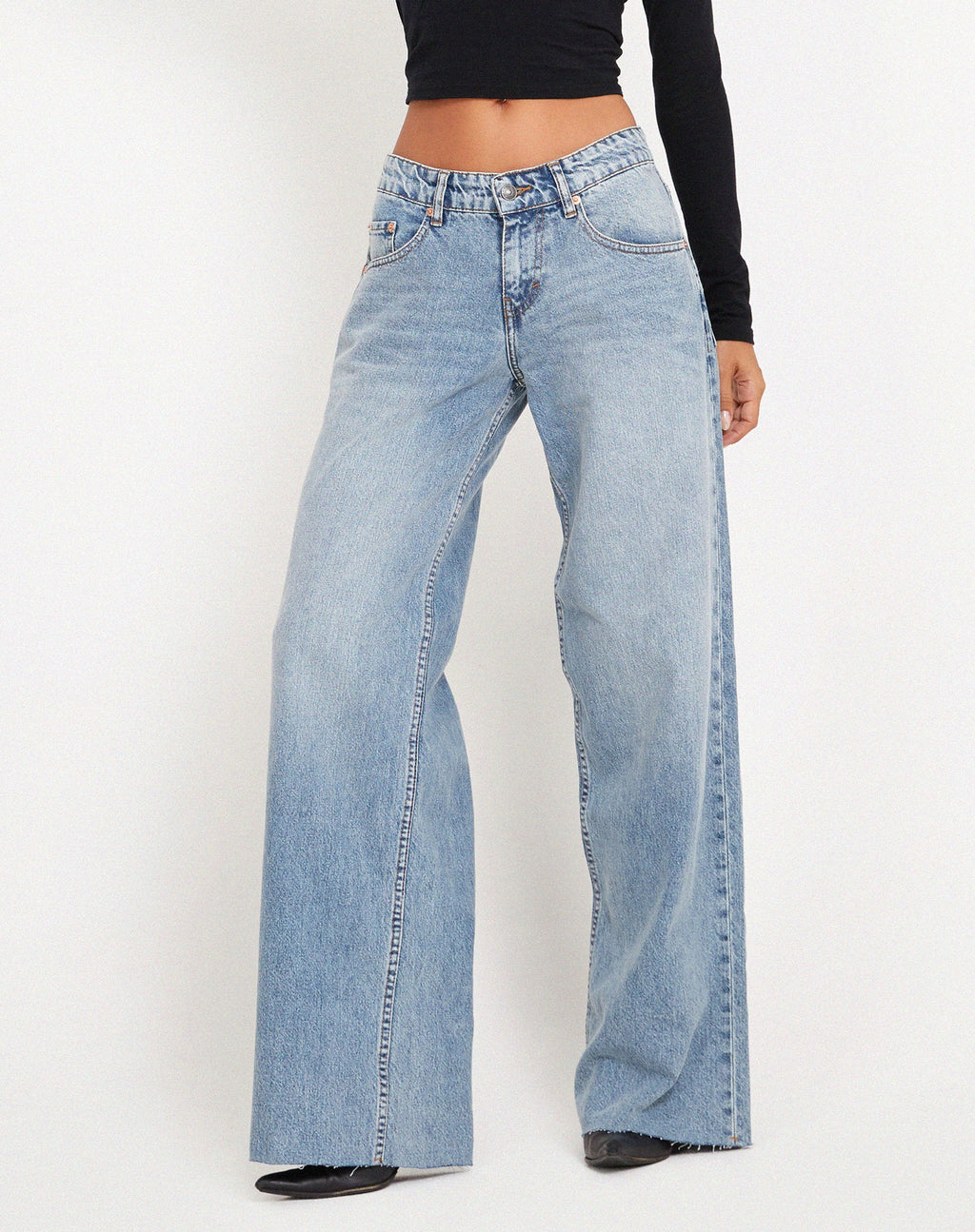 Roomy Extra Wide  Raw Hem Low Rise Jeans in Vintage Blue Wash
