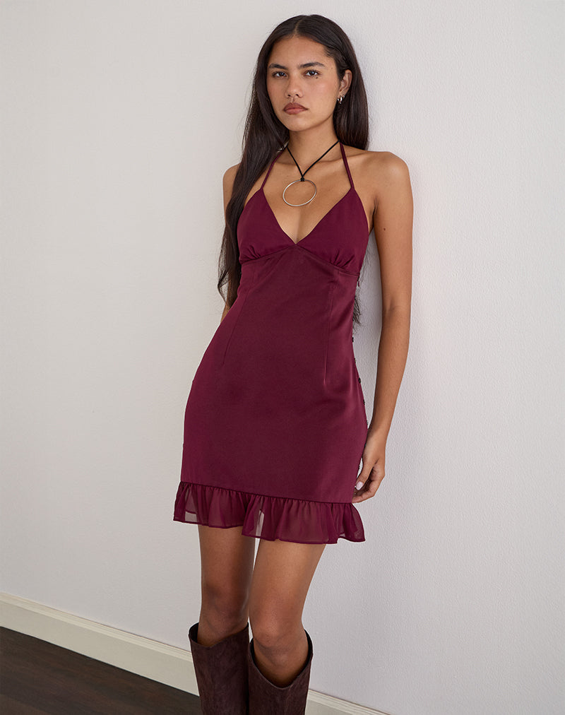 Image of Rosali Mini Dress in Satin Chiffon Burgundy