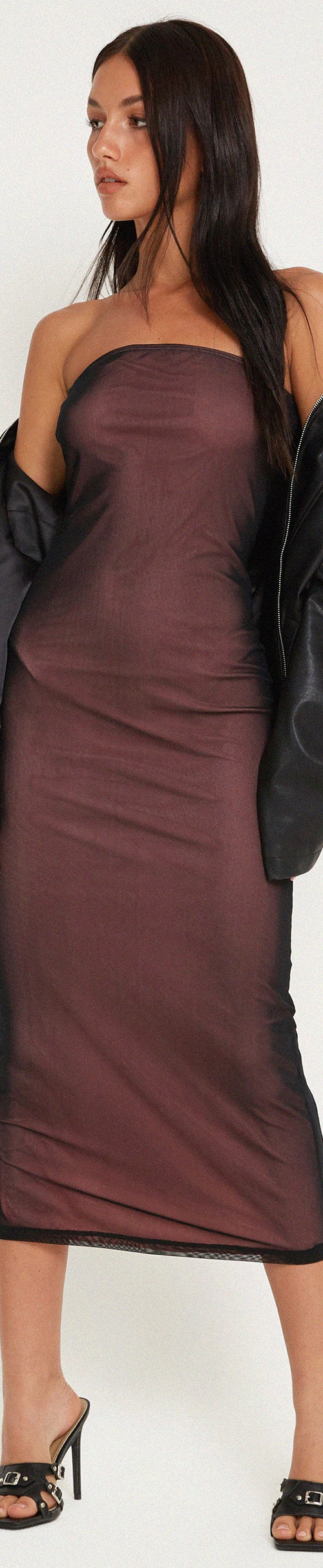 image of Rosbandi Bandeau Midi Dress in Black Pink Lining