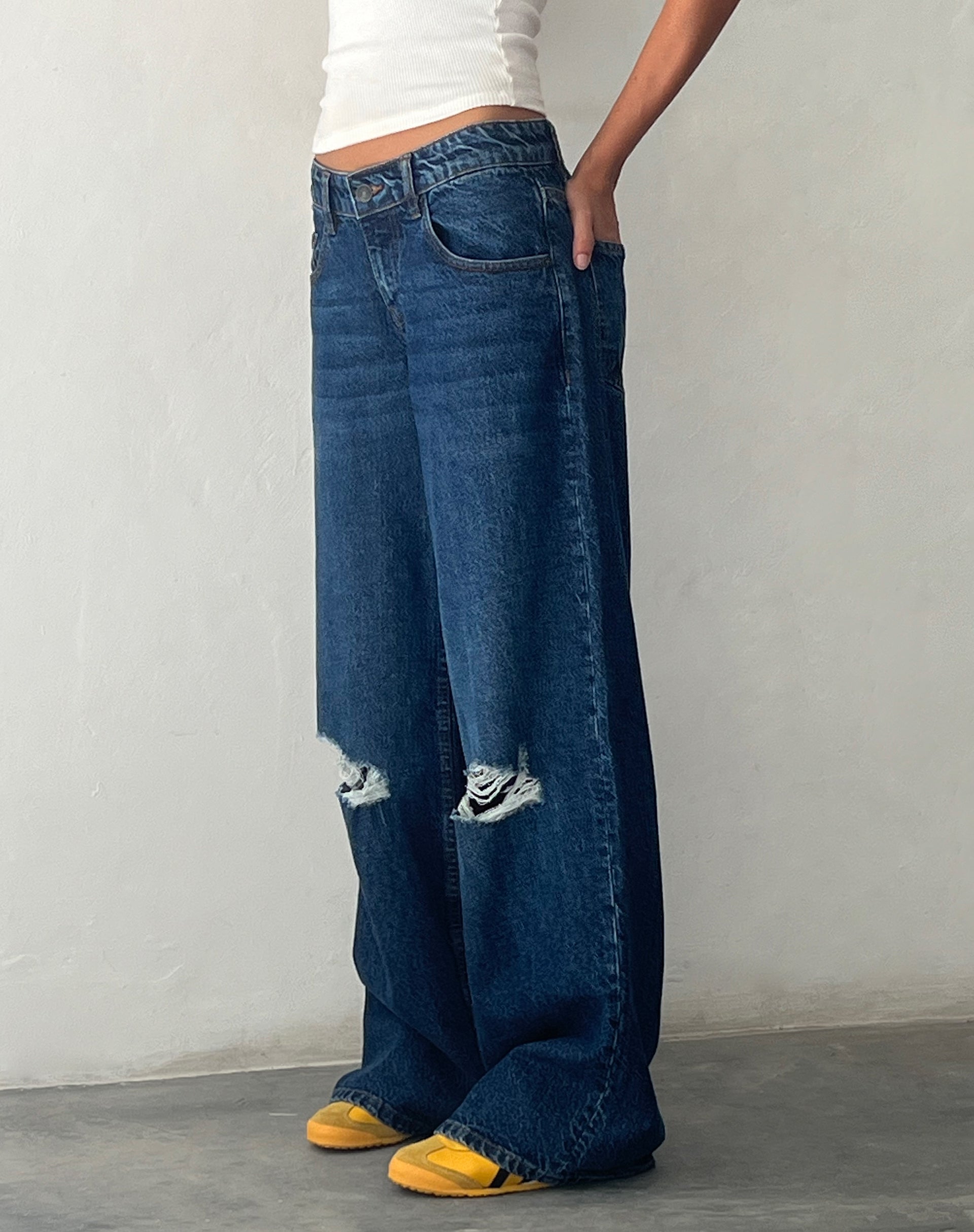 image of Ripped Roomy Extra Wide Low Rise Jean in Mid Blue Used