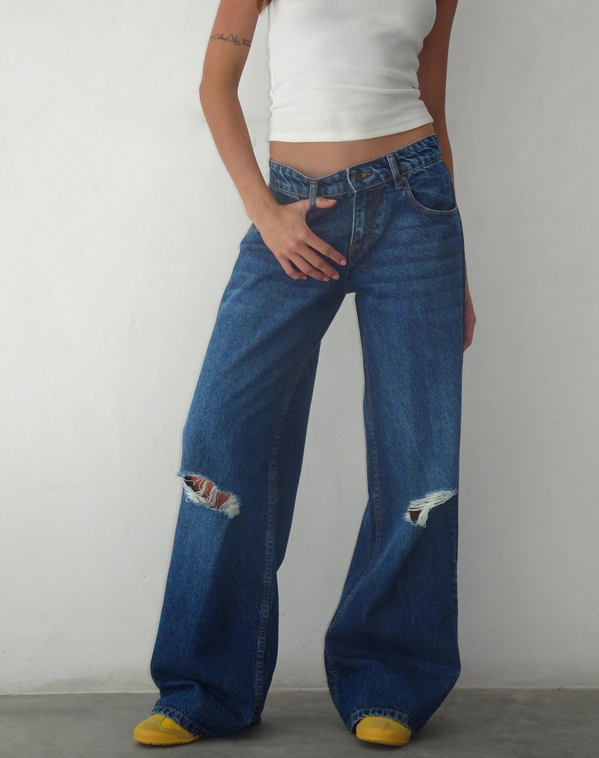 Mid Blue Used Oversized Low Rise Jeans | Roomy – Motelrocks-com-aus