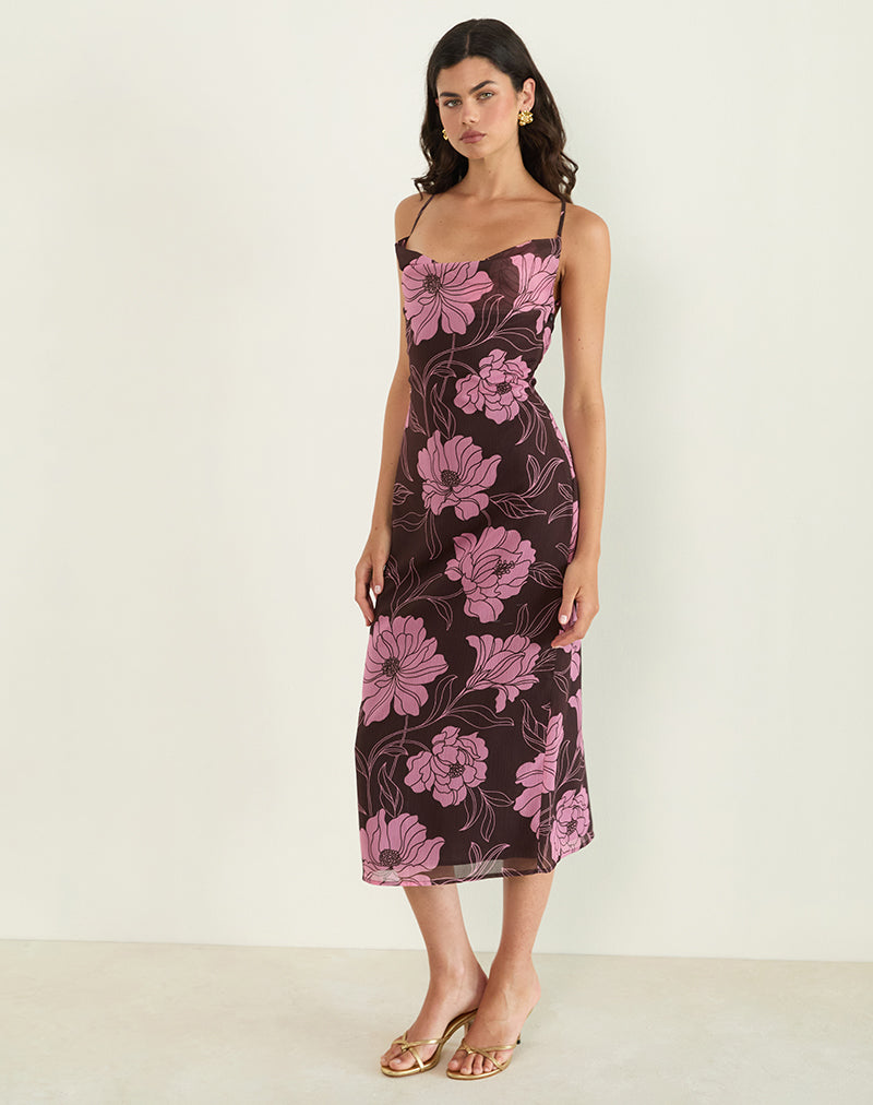 Image of Rujira Cowl Midi Dress in Flare Floral Pink Brown