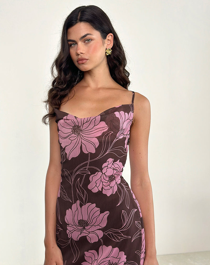 Image of Rujira Cowl Midi Dress in Flare Floral Pink Brown
