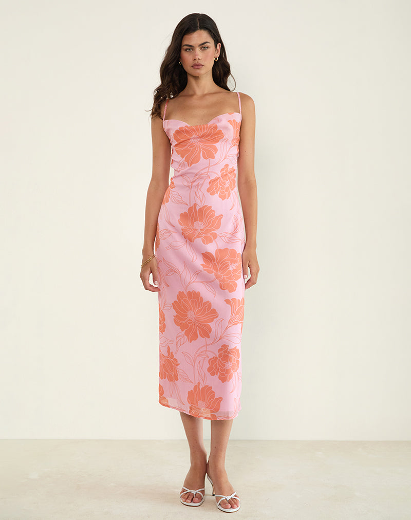 Image of Rujira Cowl Midi Dress in Floral Pink Orange