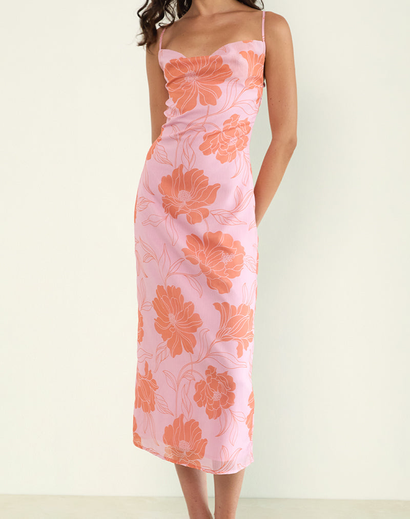 Image of Rujira Cowl Midi Dress in Floral Pink Orange