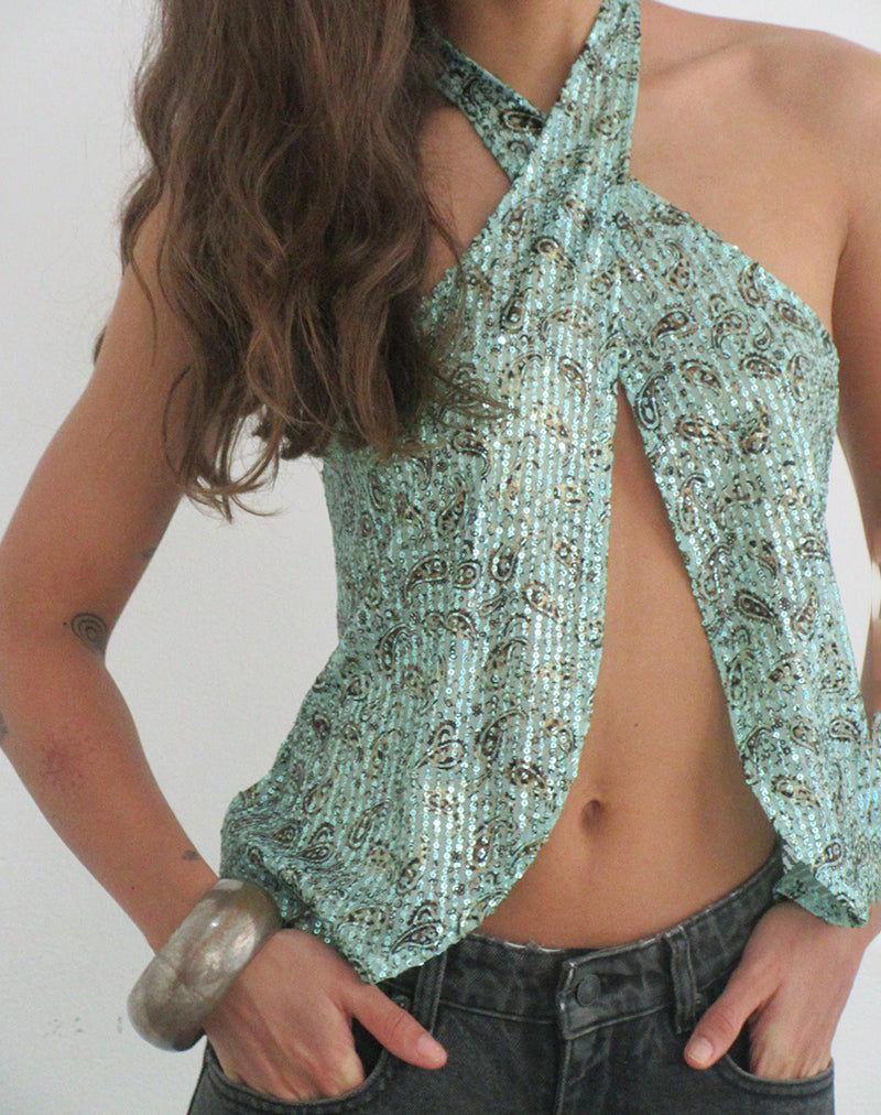 Image of Ruwiko Halterneck Top in Paisley Sequin Teal
