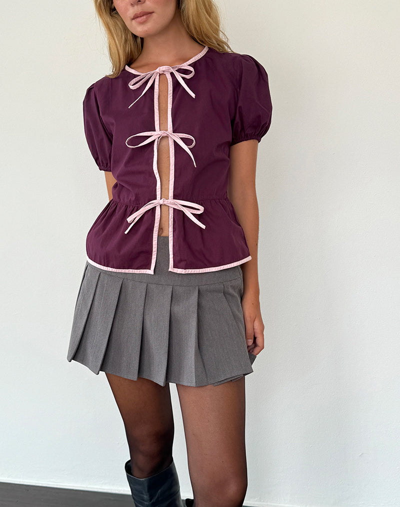 Image of Ryota Tie Front Blouse in Oxblood with Pink Lady Binding