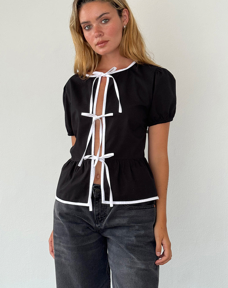 Ryota Tie Front Blouse in Black with White Binding