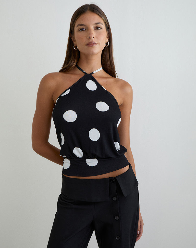 Image of Saerin Halter Top in Monochrome Black with White Polka Print