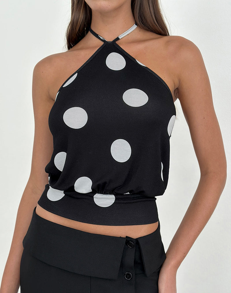 Saerin Halter Top in Monochrome Black with White Polka Print