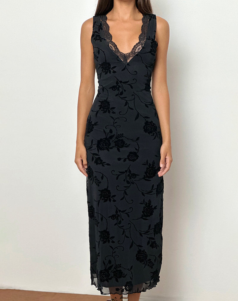 Image of Saga Midi Dress in Rose Flock Black