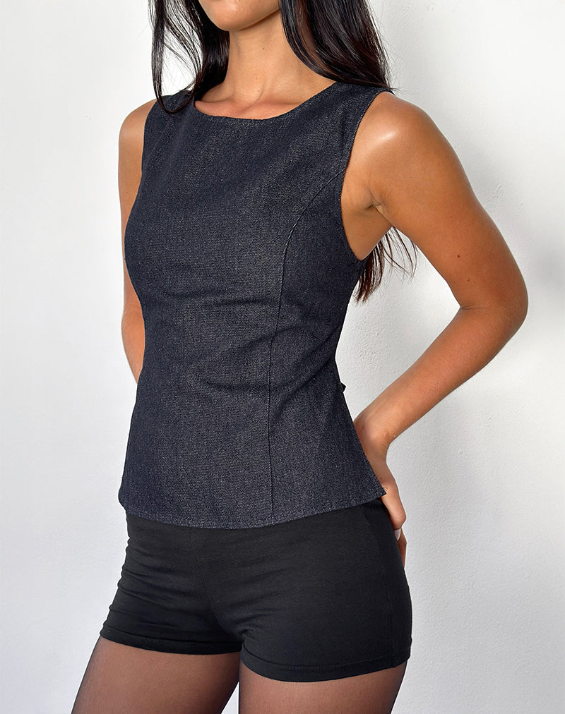 Image of Saima Open Back Tank Top in Dark Indigo Chambray