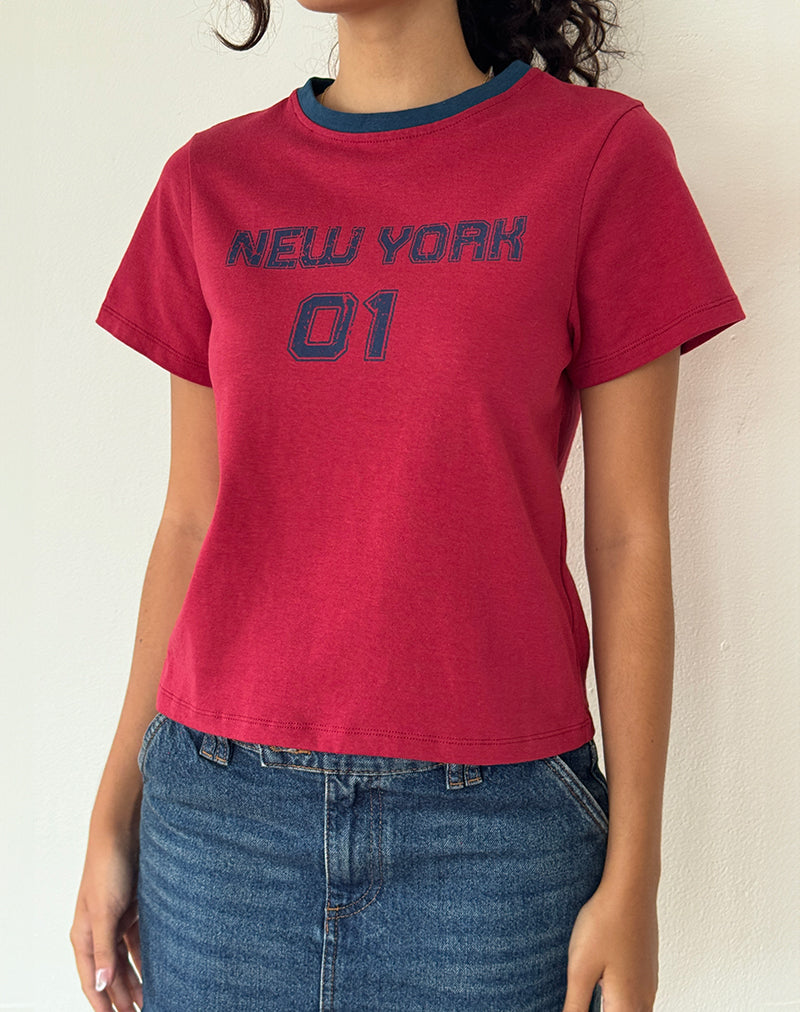 Image of Sakha Boxy Top in Adrenaline Red with Blue New York Print